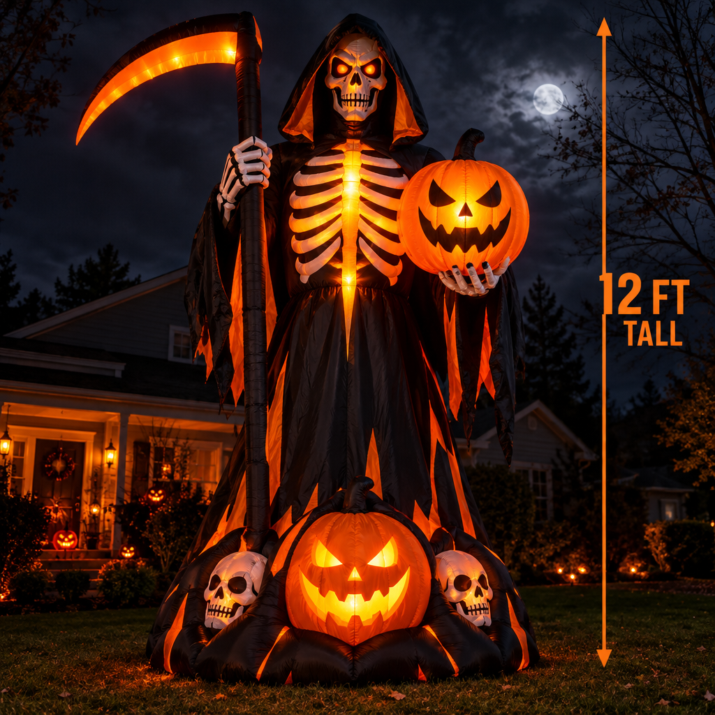 12ft Inflatable Halloween Decor with Skeleton Ribs, Pumpkin and Grim Reaper with LED lights on front lawn at night