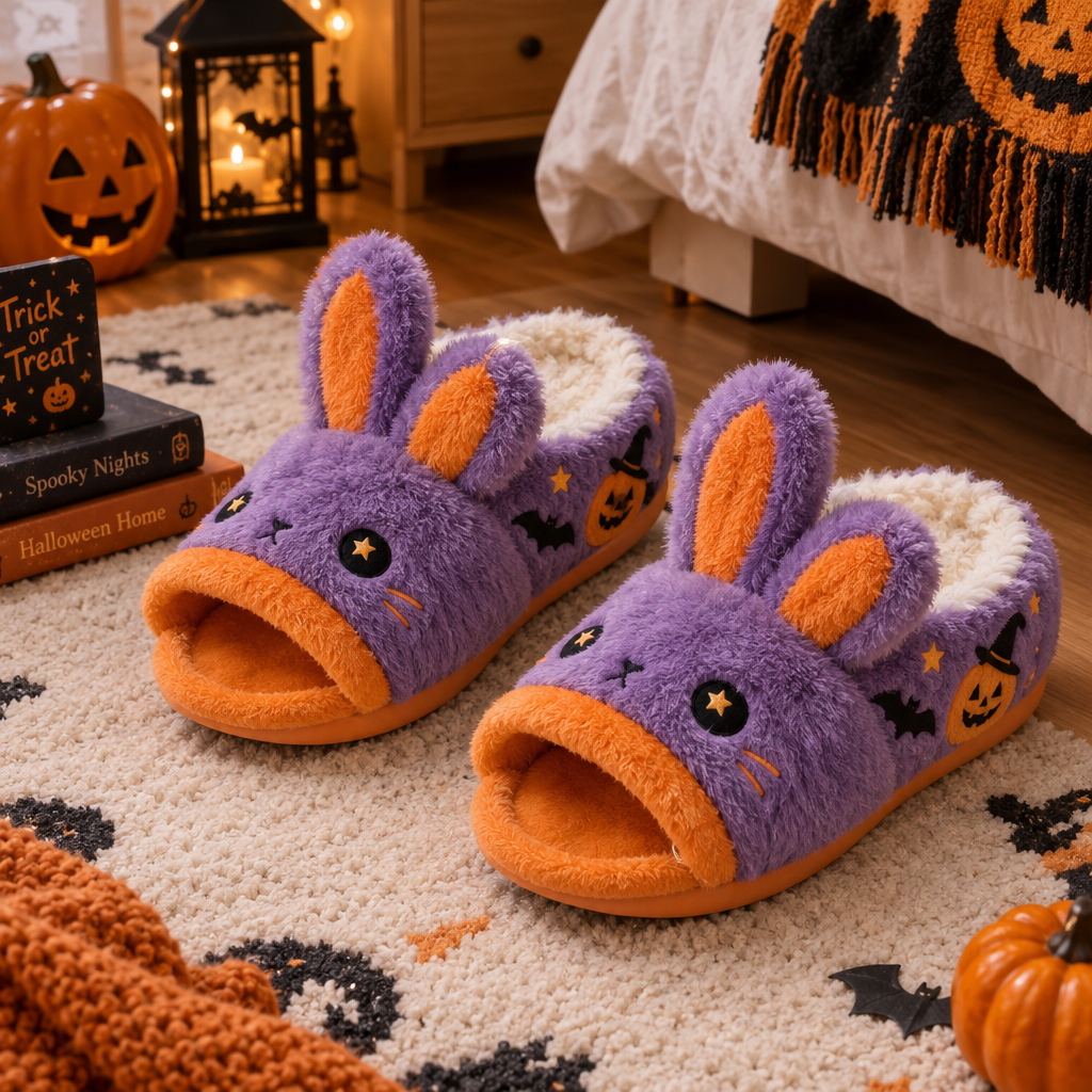 Halloween cute warm home slippers for women purple and orange rabbit fur