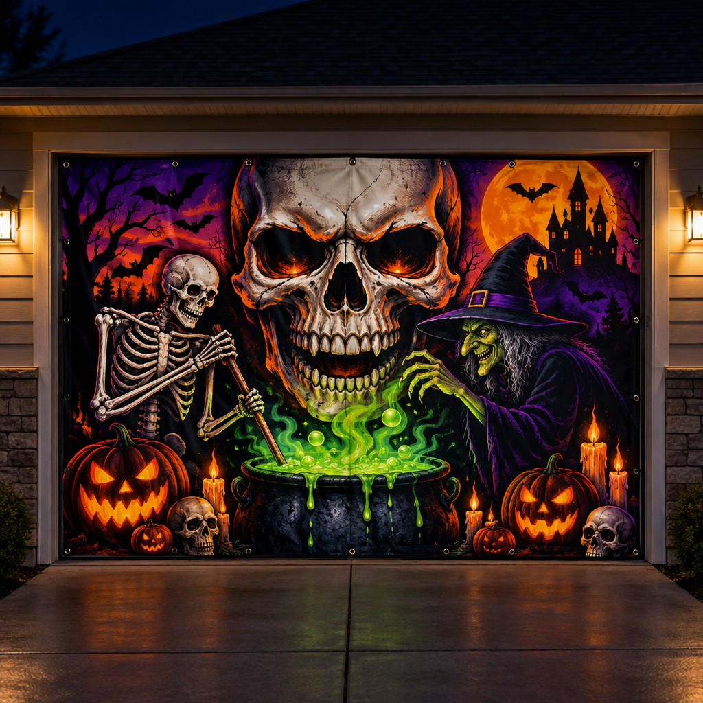 6x13 ft giant skull Halloween garage door decoration banner with witch cauldron design