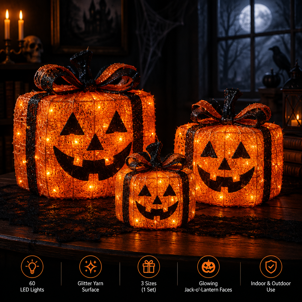 3 pack lighted Halloween pumpkin gift boxes with 60 LED lights glowing