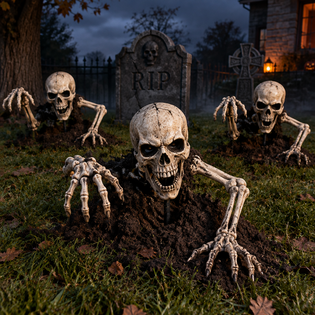 3 Halloween skeleton yard stakes with skull groundbreaker emerging from lawn
