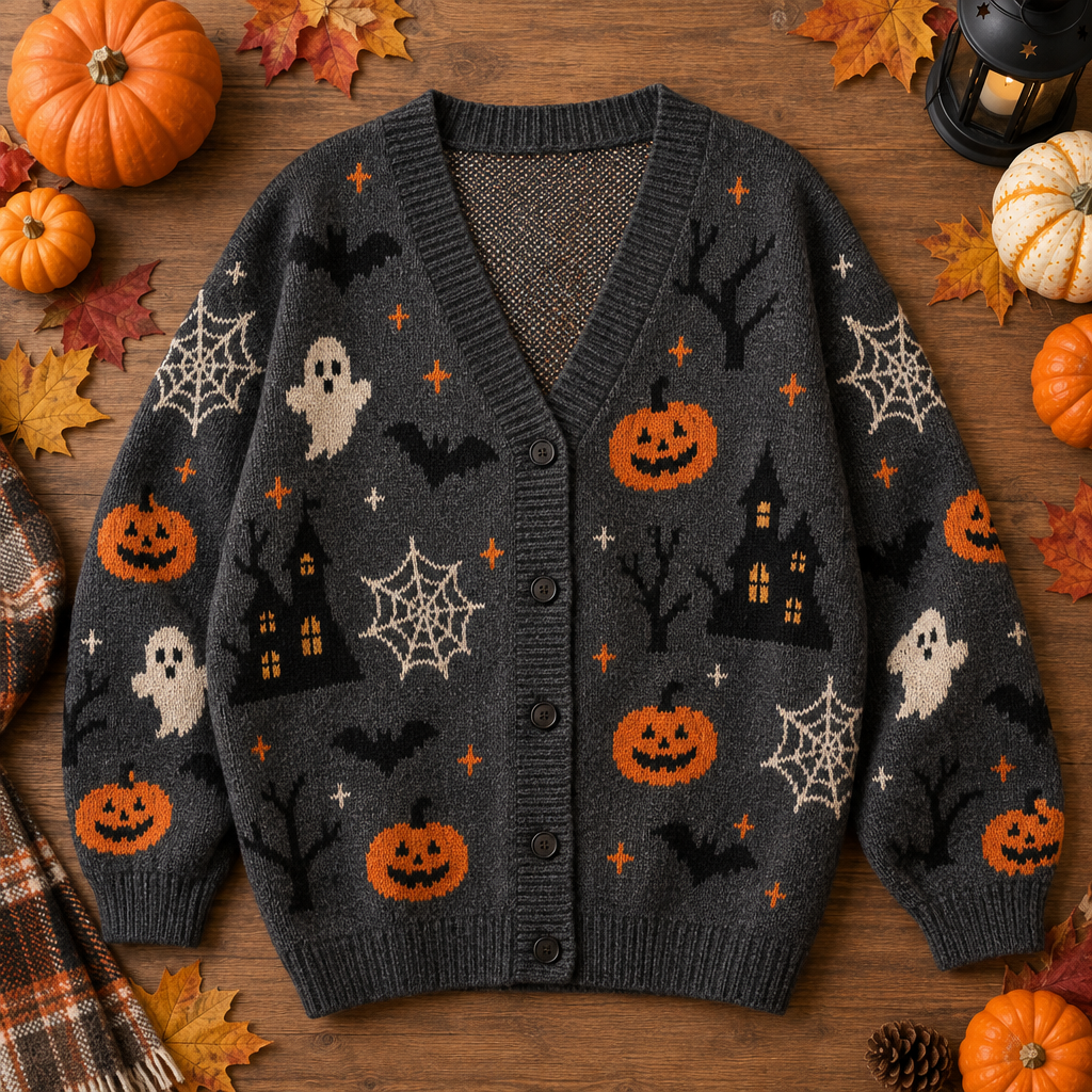 Loose Halloween knitted cardigan sweater with Halloween prints flat lay with fall leaves