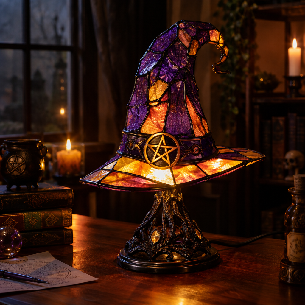 Handcrafted stained glass resin wizard witch hat table lamp glowing on dark wooden desk