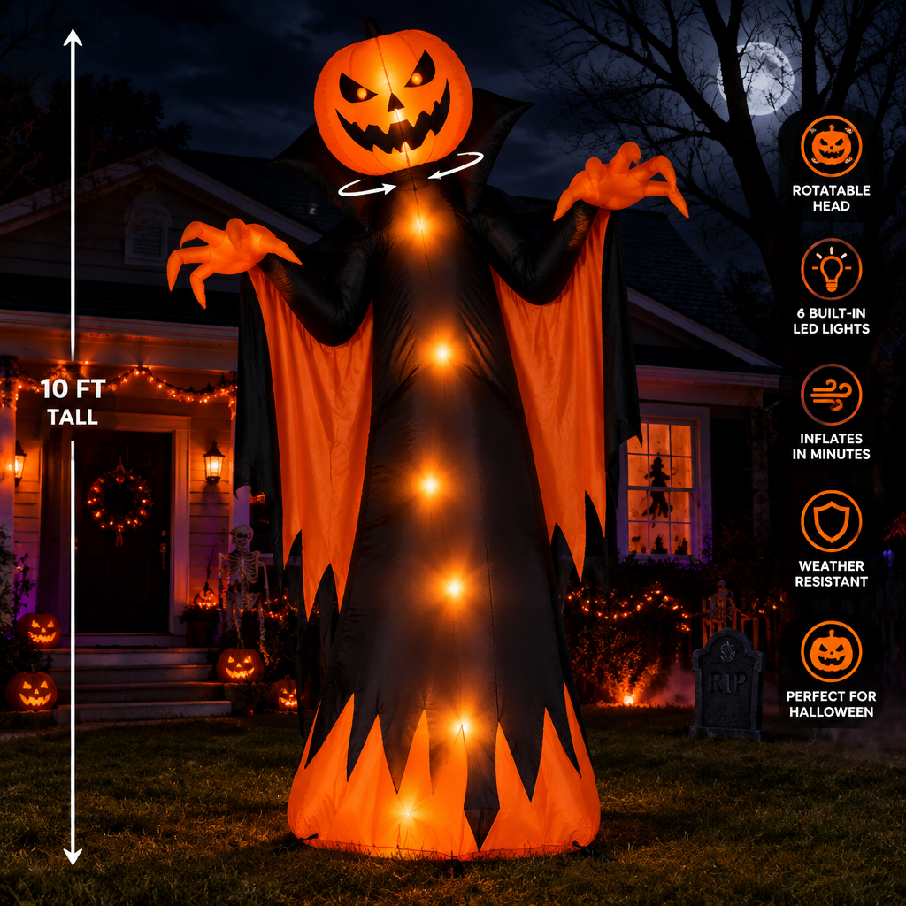 10ft inflatable Halloween pumpkin ghost with cape and rotatable head glowing LED lights on front lawn at night